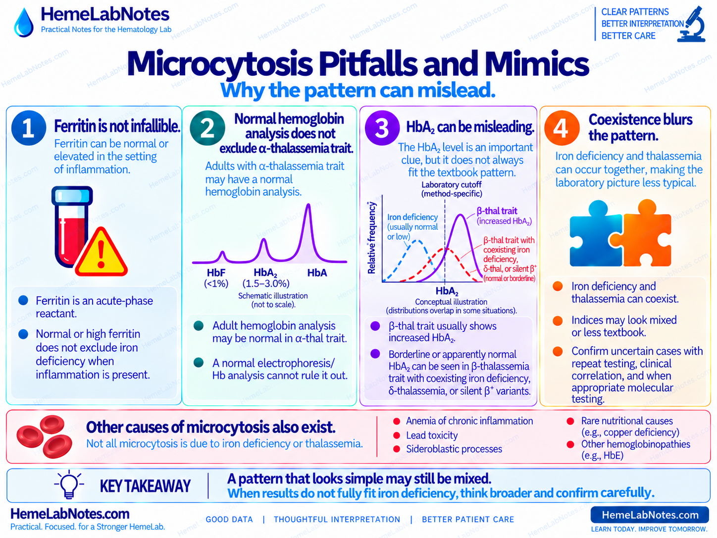 Pitfalls in microcytosis interpretation including ferritin, alpha-thalassemia, borderline HbA2, coexistence, and alternative causes.