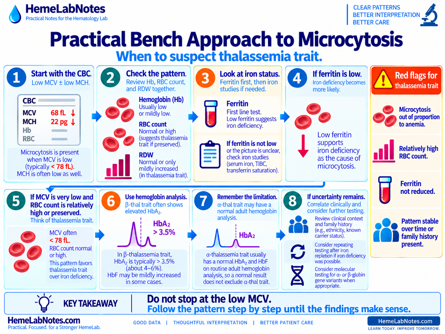 Stepwise laboratory approach to microcytosis and when to investigate for thalassemia trait.