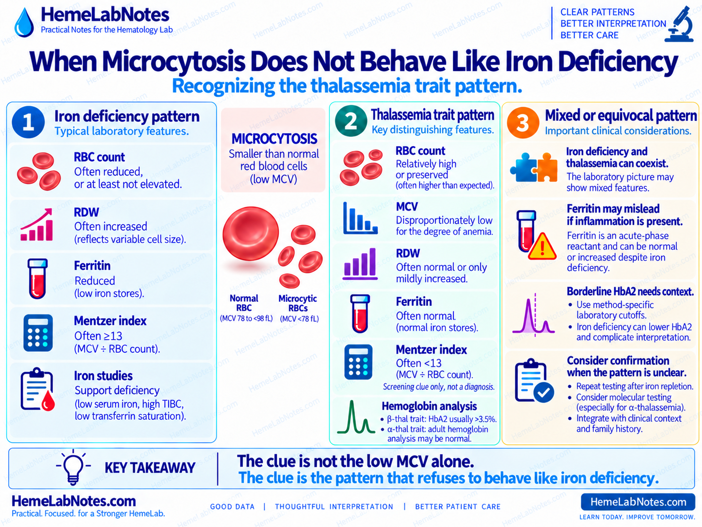 Iron deficiency, thalassemia trait, and mixed microcytosis patterns compared by RBC count, RDW, ferritin, Mentzer index, and hemoglobin analysis.