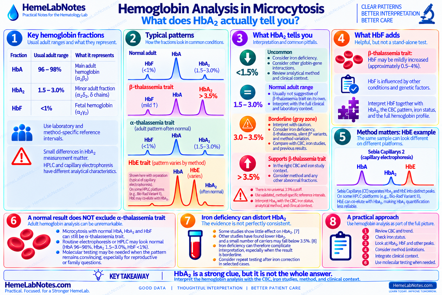 Hemoglobin analysis in microcytosis showing HbA, HbA2, HbF, beta-thalassemia and alpha-thalassemia patterns, HbE method differences, iron deficiency effects, and a practical interpretation workflow.