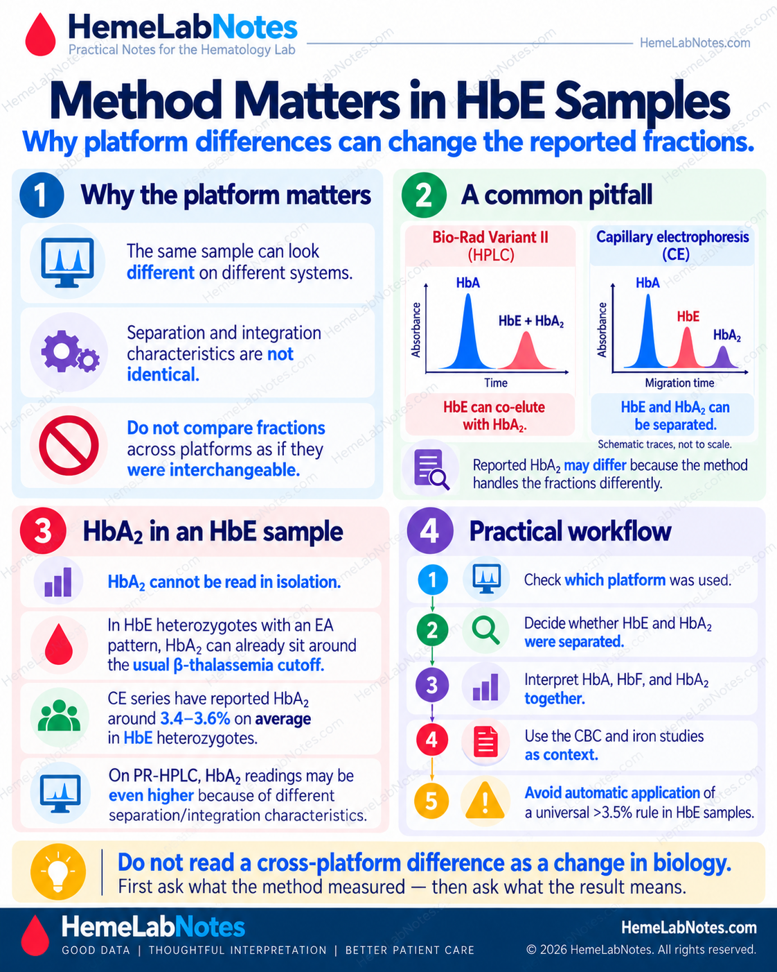 Comparison of Bio-Rad Variant II HPLC HbE and HbA2 co-elution with capillary electrophoresis separation of HbA, HbE and HbA2, explaining analytical differences, elevated HbA2 measurements in EA patterns, and why universal beta-thalassemia cutoffs should not be applied automatically.