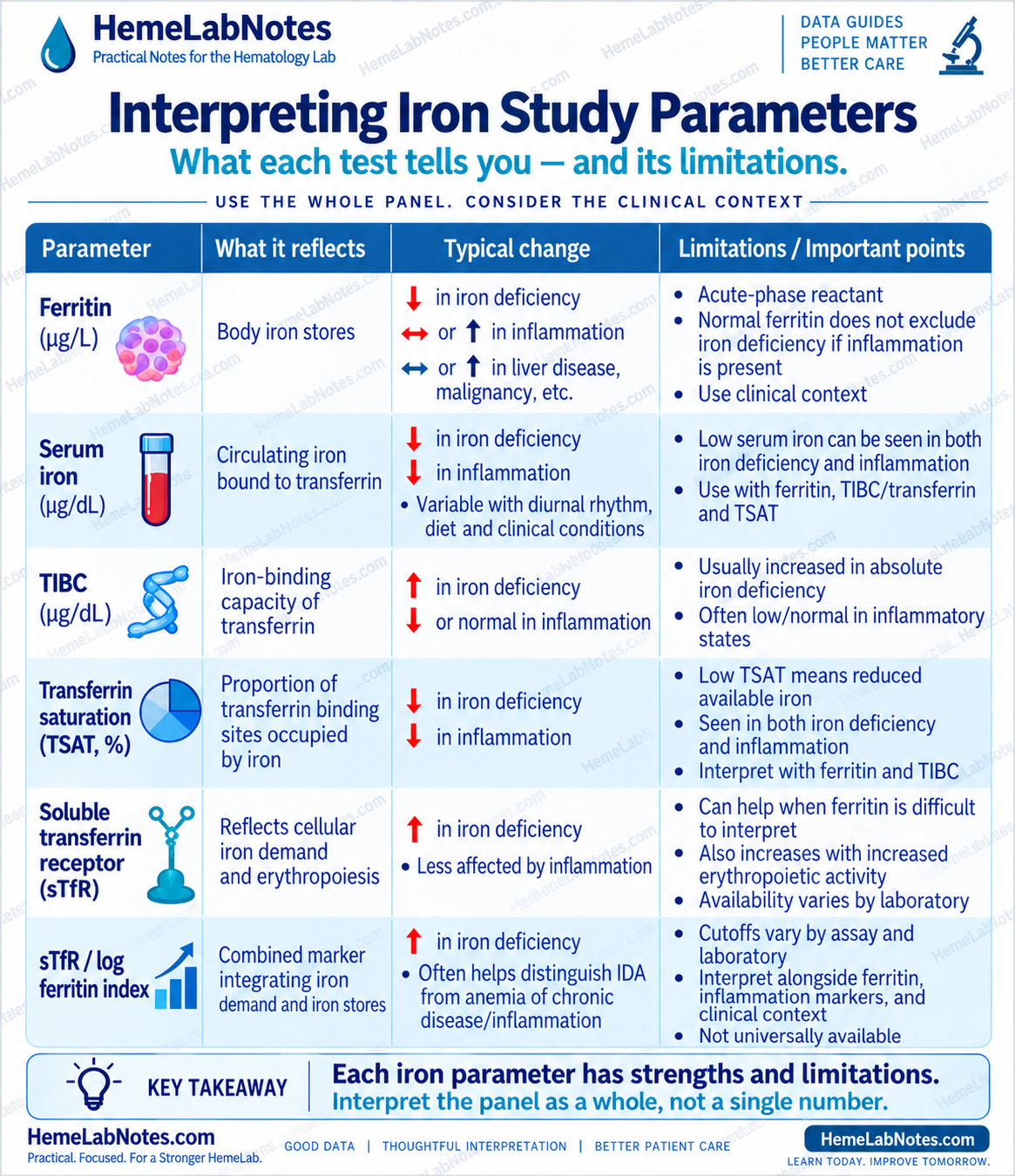 Comparison of ferritin, serum iron, TIBC, transferrin saturation, soluble transferrin receptor, and the sTfR to log ferritin index.