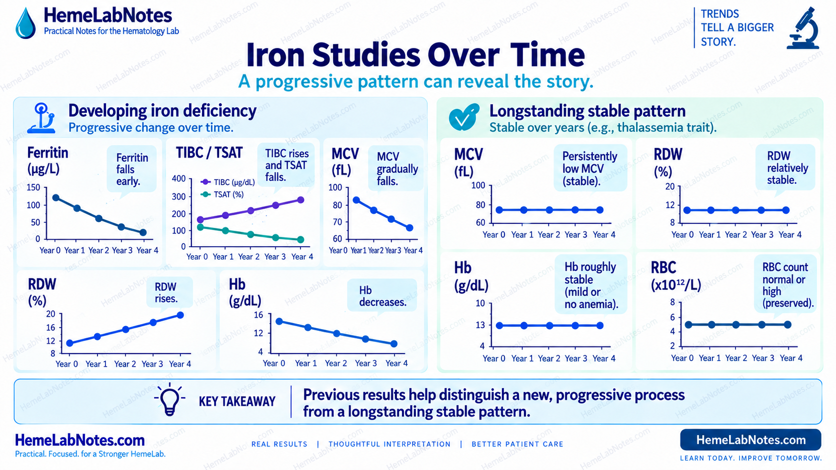Iron studies and CBC trends over time comparing developing iron deficiency with a longstanding stable microcytic pattern.