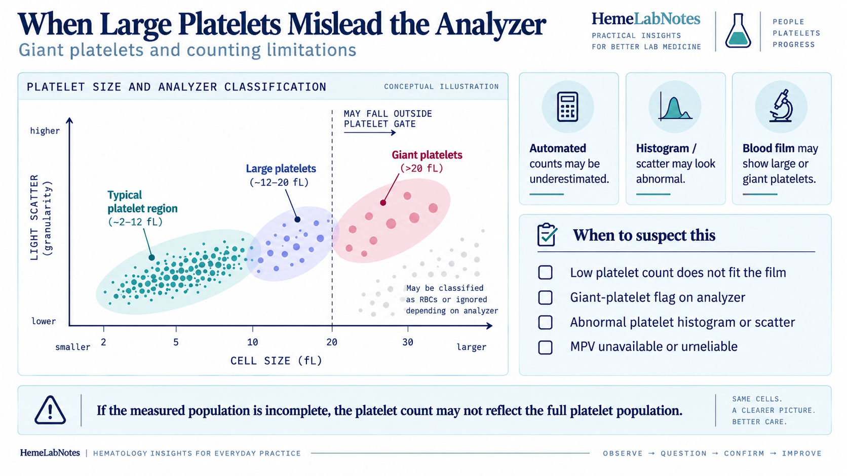 Conceptual analyzer diagram showing typical platelets, large platelets, and giant platelets, illustrating how very large platelets may fall outside the platelet gate and cause automated platelet counts to be underestimated.
