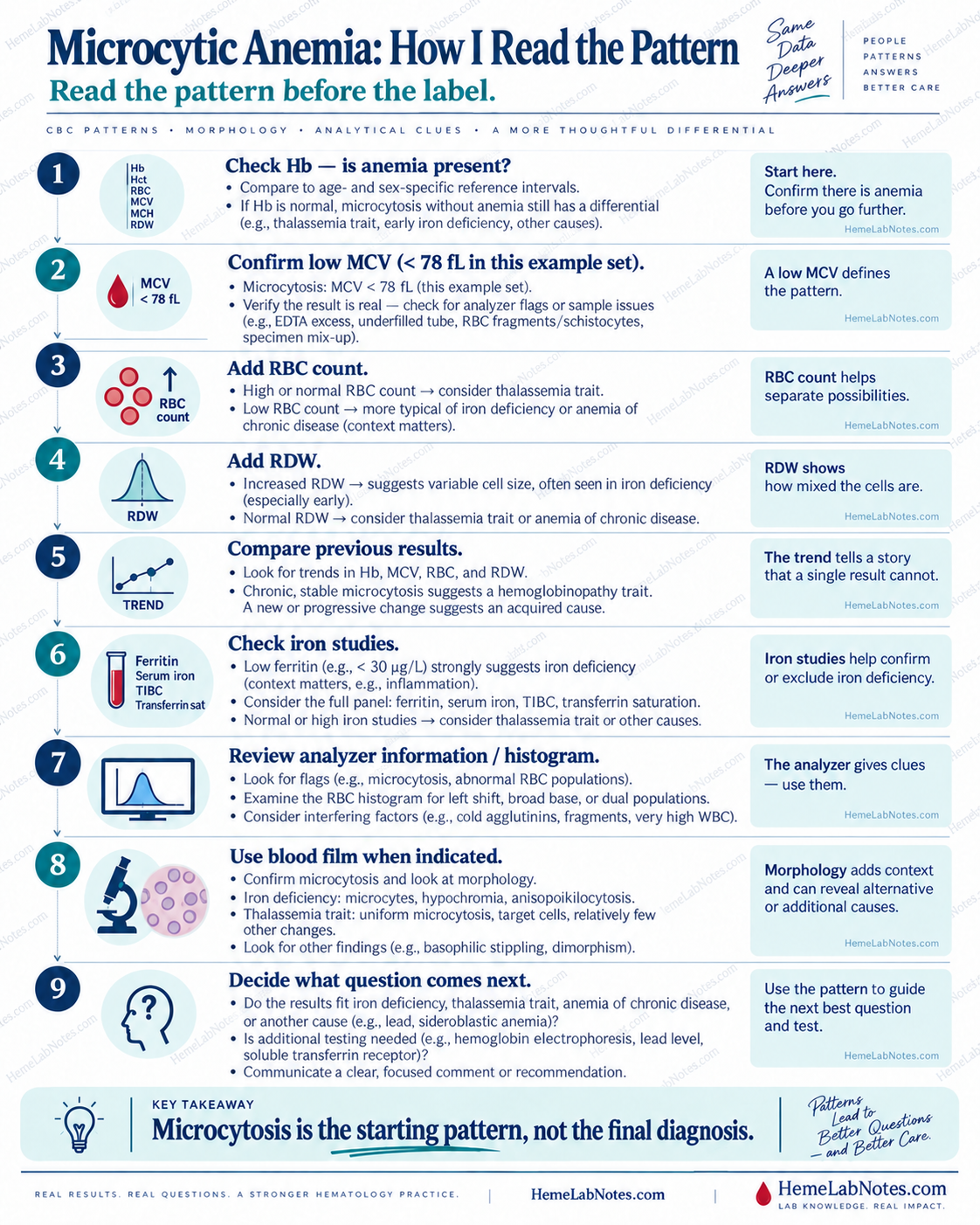 Stepwise microcytic anemia pattern guide connecting hemoglobin, MCV, RBC count, RDW, previous results, iron studies, analyzer information, and blood film.