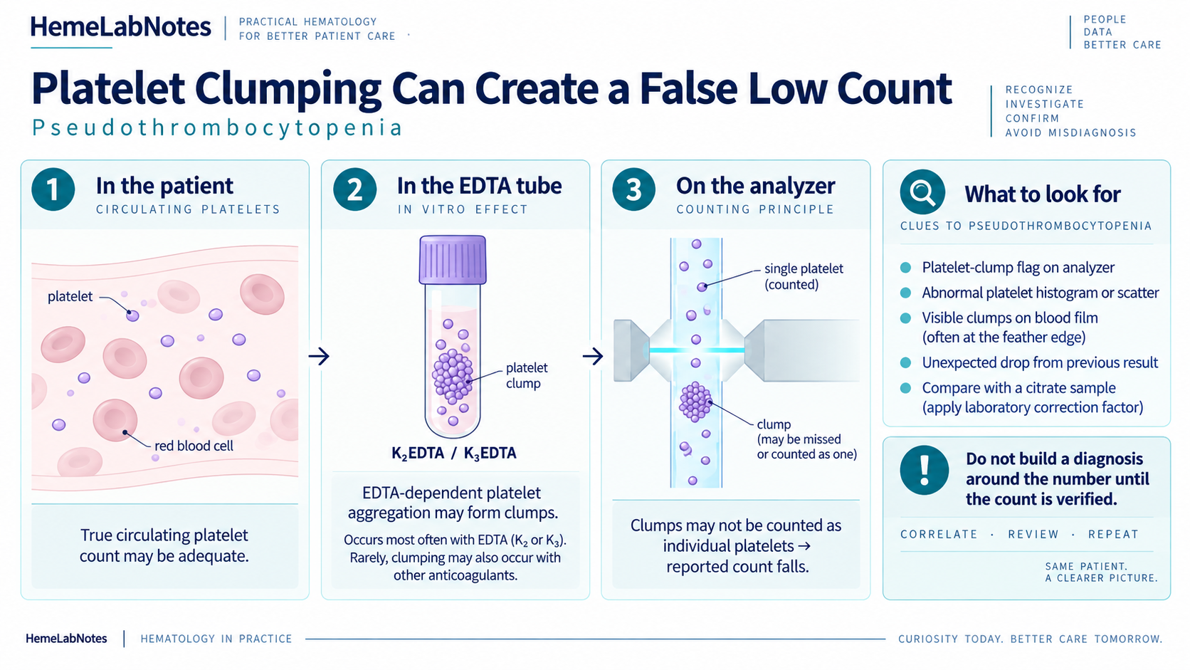 Diagram showing how platelet clumping in K2EDTA or K3EDTA specimens can cause automated platelet undercounting and pseudothrombocytopenia, with clues including analyzer flags, abnormal platelet plots, blood film clumps, and comparison with a citrate specimen.
