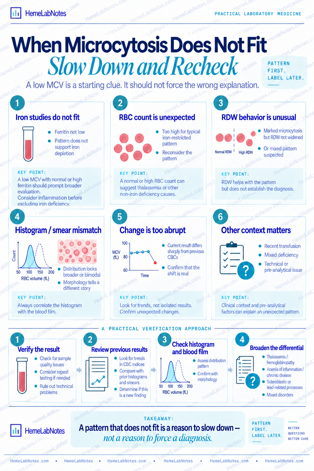 Verification workflow for microcytosis that does not fit the expected pattern, including iron studies, RBC count, RDW, histogram, previous results, blood film, and broader differential.
